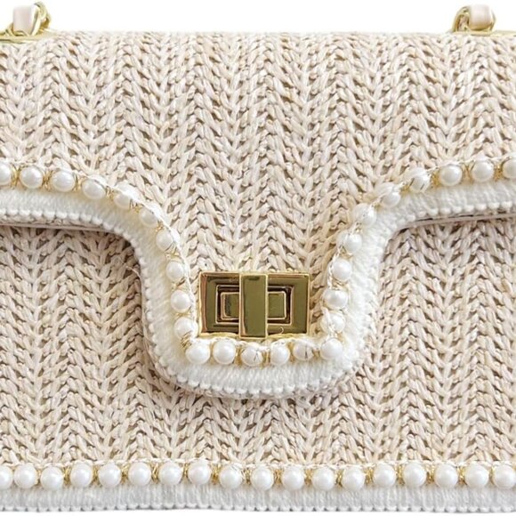 Straw Crossbody Bag Women Woven Pearl Trim Small Summer Trendy - Picture 1 of 7